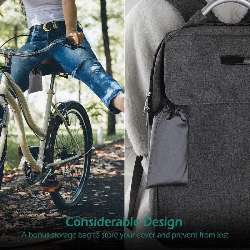 Load image into Gallery viewer, Gesplitst beeld: Links is een persoon met een fiets te zien. Rechts staat een grijze rugzak met opbergruimte voor &quot;Geniet van comfortabele fietsen met onze hoogwaardige zadelhoezen voor optimale bescherming.&quot; Op de overlay staat &#39;Considerable Design&#39; en wordt de opslag van de waterdichte hoes benadrukt.
