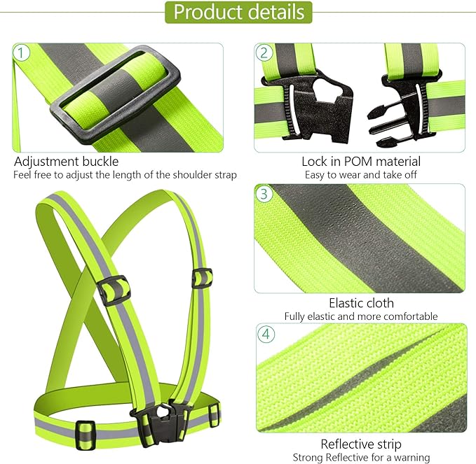 Laad afbeelding in Galerijviewer, Het Reflecterend vest voor veiligheid in het donker is een felgroen high-visibility vest met een verstelbare gesp, slot en elastische stof. Het bevat een reflecterende strook voor comfort en zichtbaarheid, met alle functies duidelijk gelabeld voor gemak.
