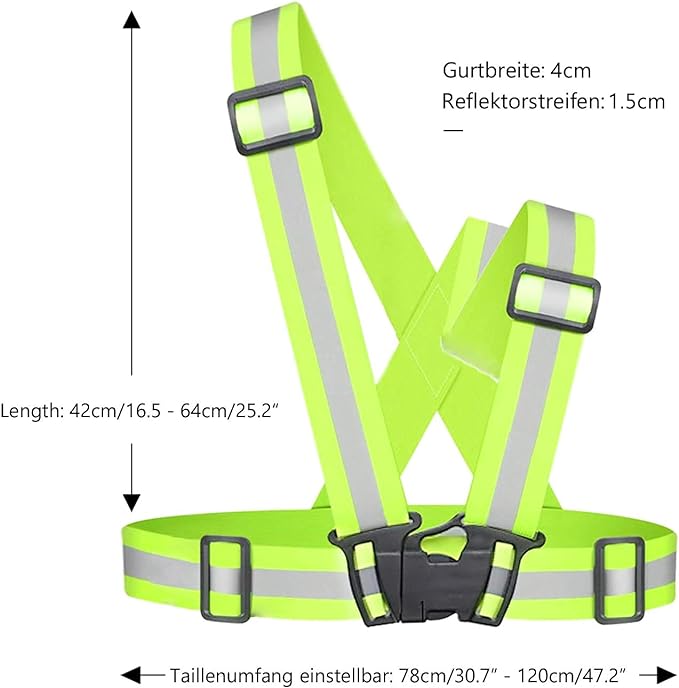 Laad afbeelding in Galerijviewer, Het Reflecterend vest voor veiligheid in het donker heeft verstelbare banden, een 4 cm brede riem en 1,5 cm reflecterende stroken. De tailleverstelling is van 78 cm tot 120 cm en de lengteverstelling varieert van 42 cm tot 64 cm.
