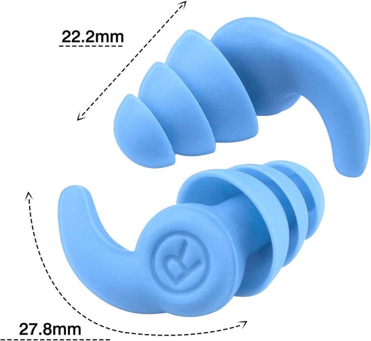 Getoond worden twee blauwe spiraalvormige siliconen oordopjes, Zwemoordopjes met ruisonderdrukking, met een afmeting van 22,2 mm en 27,8 mm voor comfort en waterdichte bescherming tijdens wateractiviteiten.